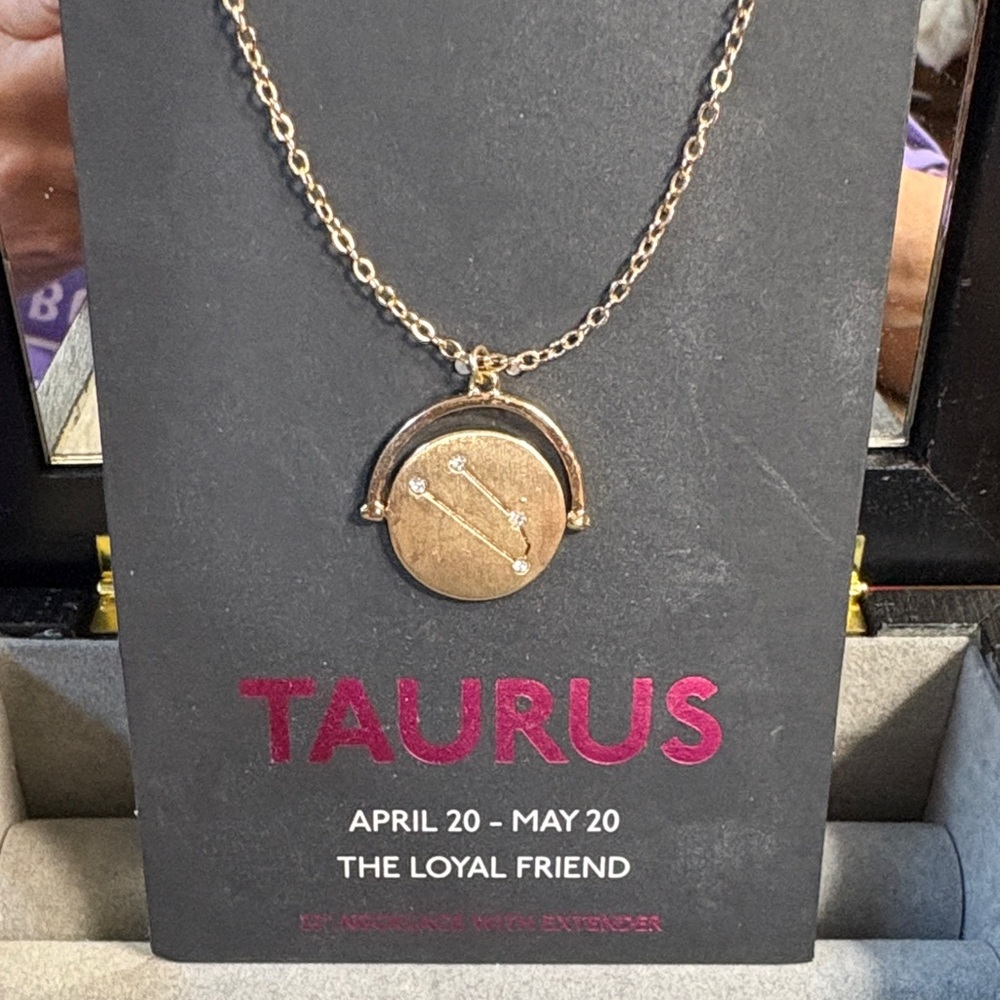 NWT Gold Taurus Zodiac Necklace w/ two sided charm 22” necklace w/ extender